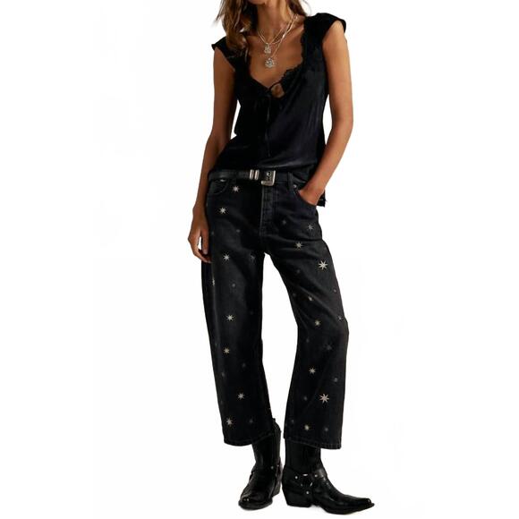 NEW FREE PEOPLE deep trance shine embroidered jeans in starry night - Picture 5 of 5